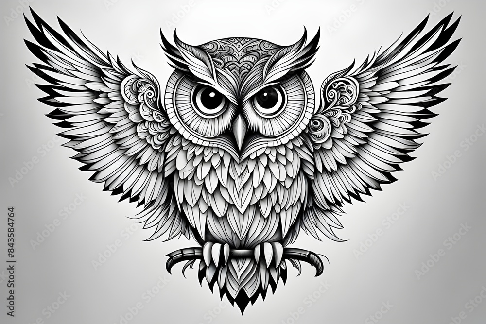 Obraz premium In the Whispering Night: A Majestic Owl Perched Amidst Enigmatic Shadows - An Exquisite Tattoo Artistry Celebrating Nature's Mystic Grace