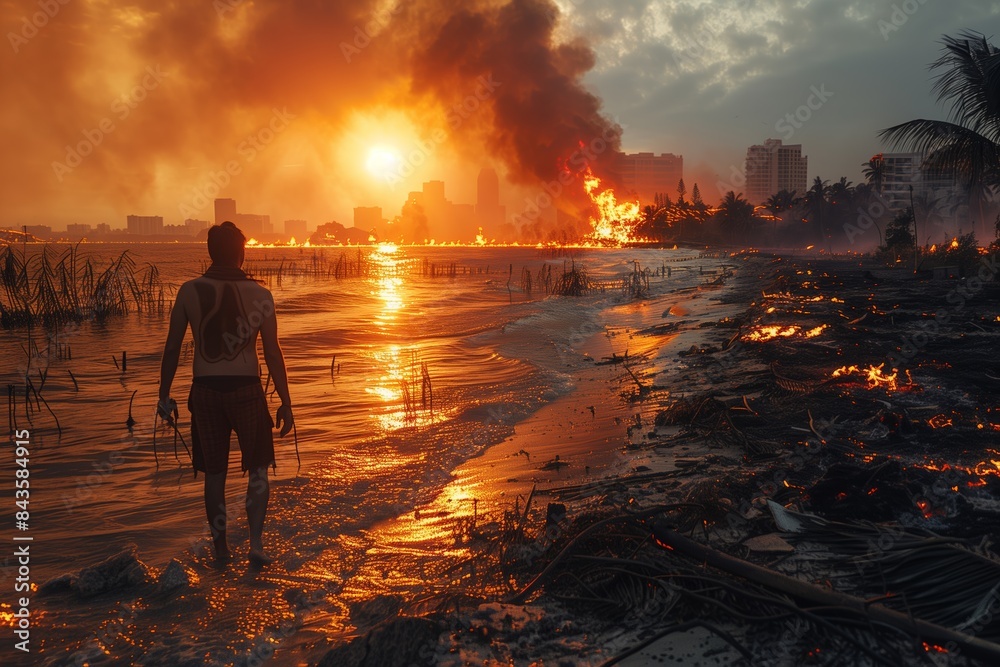 Fototapeta premium A person walks through the ruins of a coastal city engulfed in flames as the sun sets in the distance