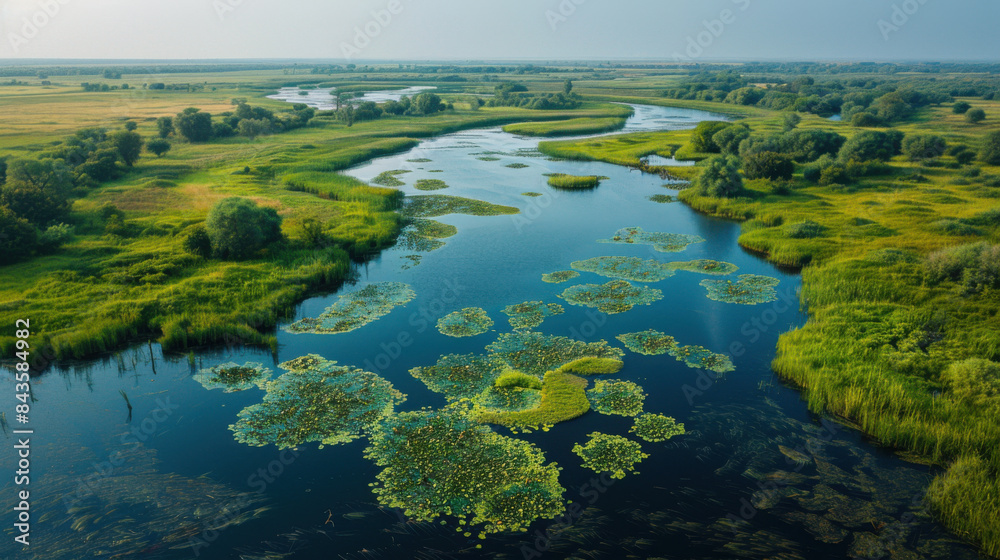 Fototapeta premium Aerial view of a scenic wetland landscape with water lilies, lush greenery, and winding waterways under a clear sky.