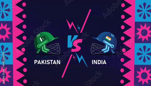 Pakistan vs India banner with IND vs PAK cricket helmet vector illustration for international cricket match tournaments. Pak vs Ind flags