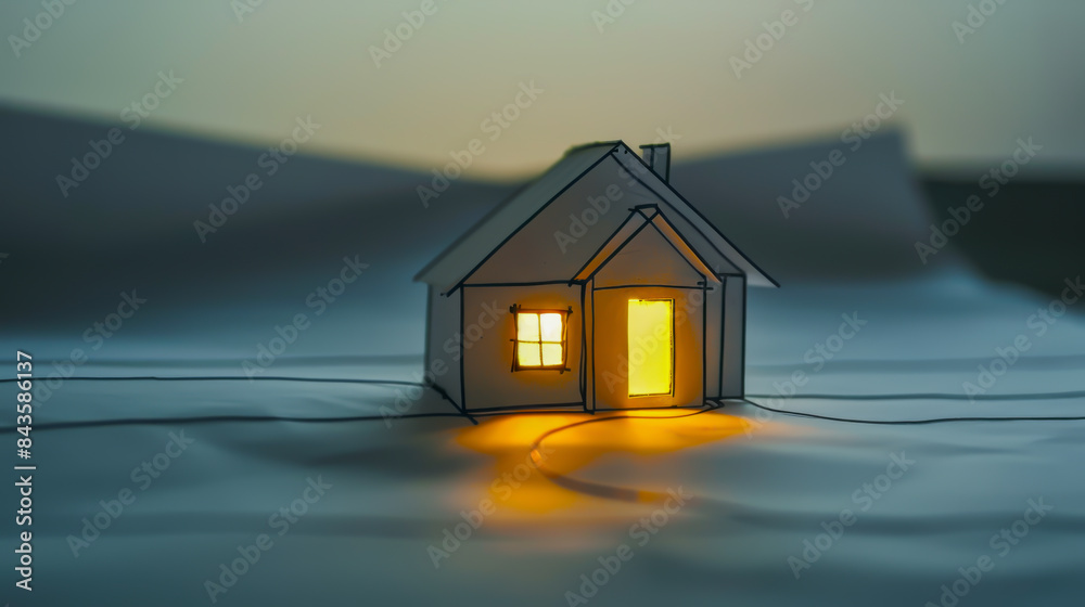 A small house with a yellow light shining on it. The house is on a snowy hill A small house with a yellow light shining on it. The house is on a snowy hill