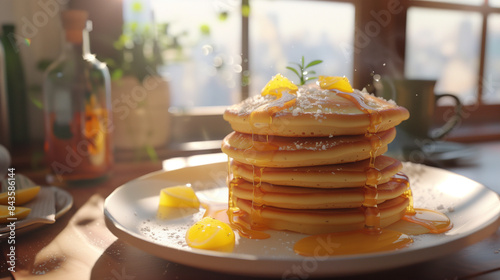 Plump, fluffy pancakes, served on a plate with delicate butter and maple glaze that slowly melts on their warm surface.