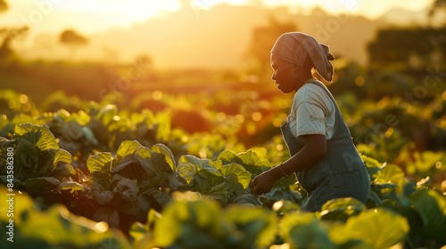 African woman farmer inspecting vegetables. Agriculture harvesting and plantation concept. Agriculture field and female farm worker. Successful ideas of a vegetable gardening business. Generative AI.