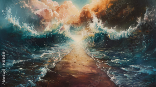 A scene from the Bible where Moses divides the Red Sea in half, creating a path in the middle between the waters