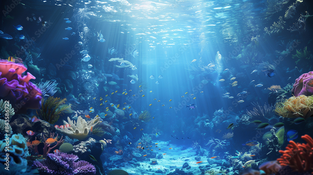 Fototapeta premium An underwater world full of life, where fish and aquatic plants create a harmonious ecosystem.