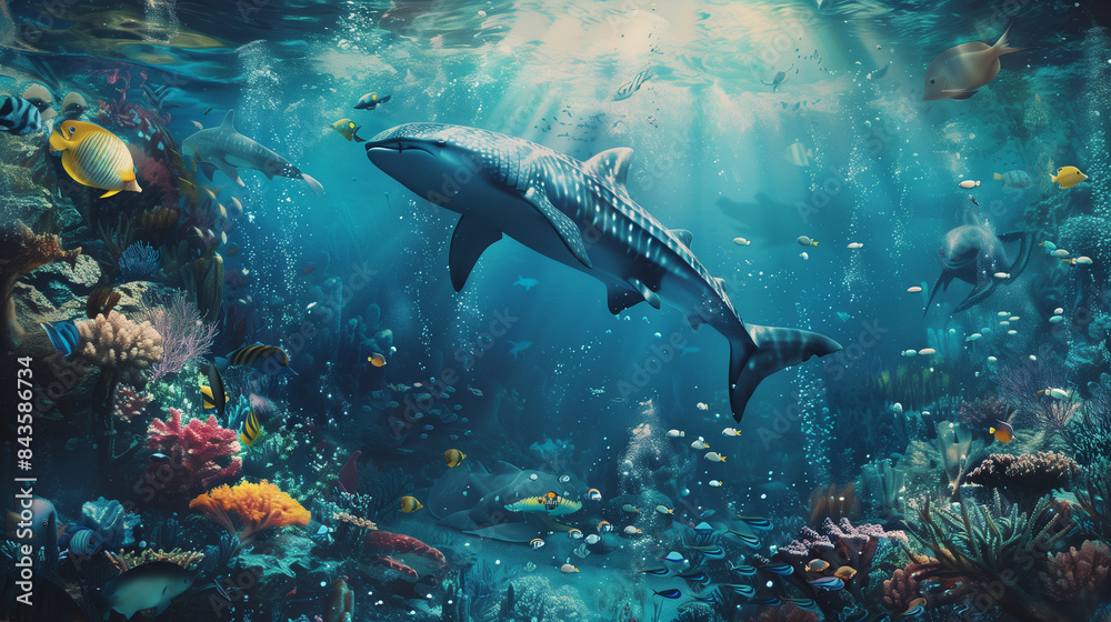 Fototapeta premium An underwater world full of life, where fish and aquatic plants create a harmonious ecosystem.