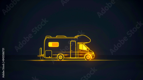 A yellow RV is parked on a dark road. The image has a warm and inviting mood, suggesting that the RV is ready for a road trip or vacation photo