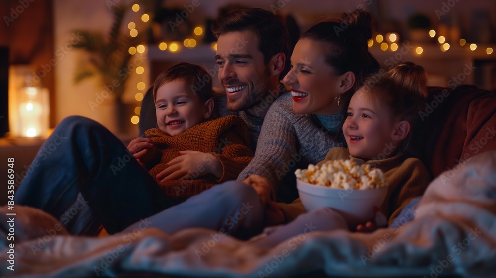 A family snuggled together on a cozy couch, popcorn bowl in hand, watching their favorite movie. A family snuggled together on a cozy couch, popcorn bowl in hand, watching their favorite movie.