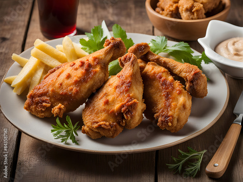 food photography style, fried chicken, plate, table, appetizing, professional, culinary, high-resolution, commercial, highly detailed. AI generated.
