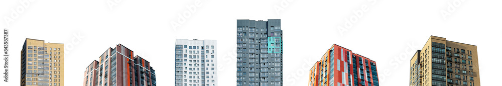 High rise residential buildings isolated on white background. Modern urban architecture for real estate and investment themes. Showcasing new construction and cityscape views., cutout transparent PNG