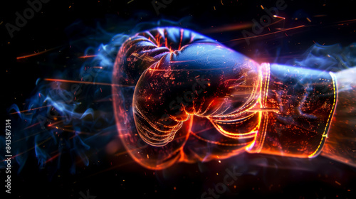 A boxing glove is shown with a lot of smoke and fire surrounding it