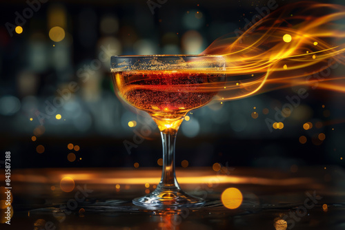 A glass of alcohol with a flame coming out of it. The image has a mood of excitement and celebration