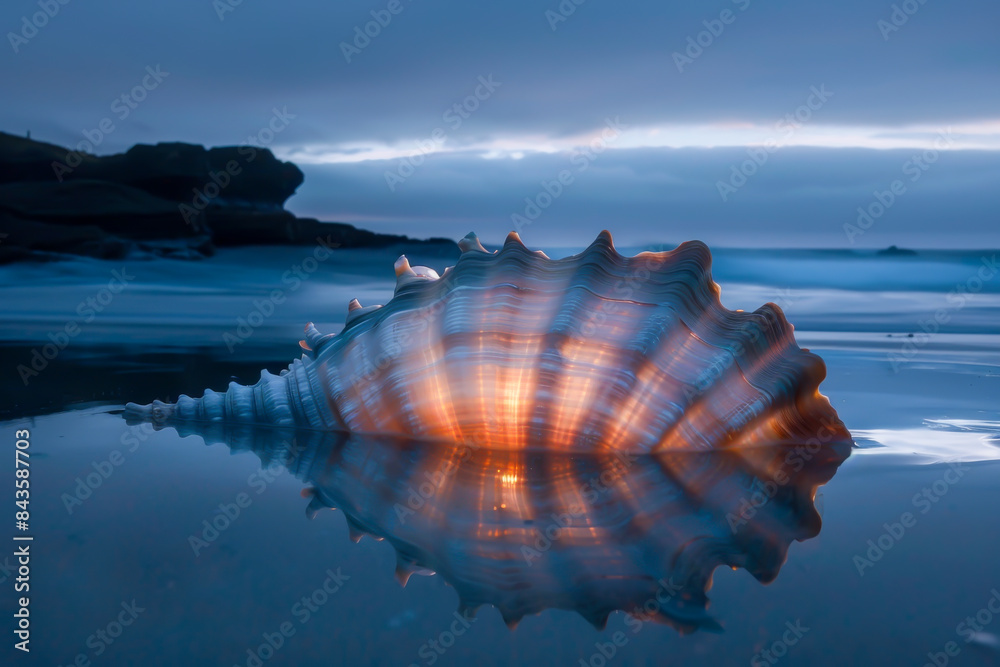 A shell is laying on the beach, reflecting the light of the sun. The scene is serene and peaceful, with the shell being the only object in focus A shell is laying on the beach, reflecting the light of the sun. The scene is serene and peaceful, with the shell being the only object in focus