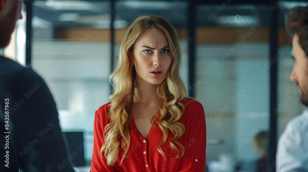 Obraz premium A beautiful young woman with long blonde hair wearing a red blouse is standing in an office and talking to an angry man 