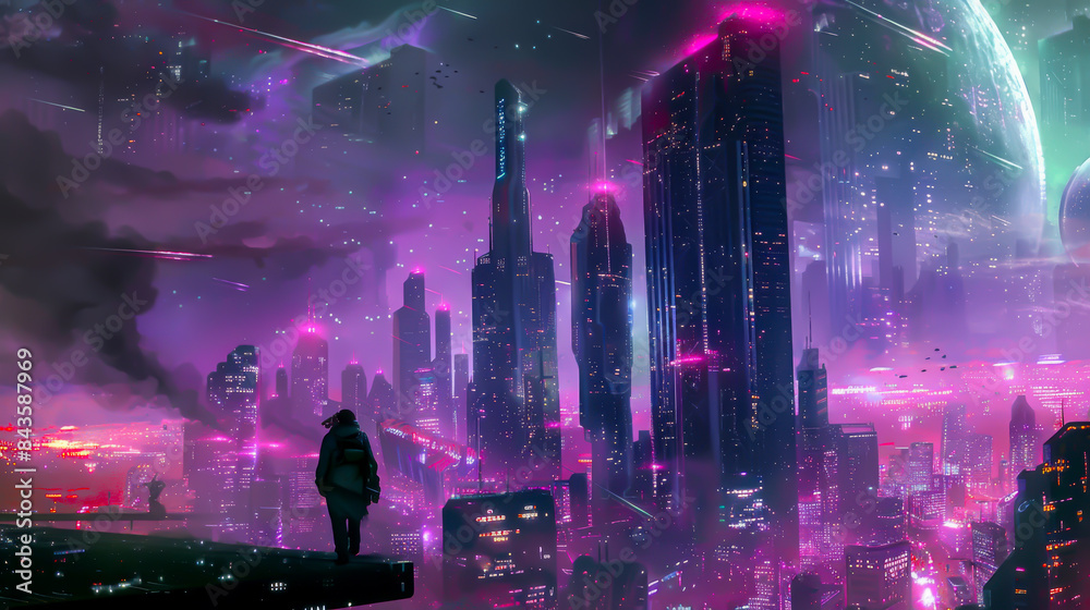 A man stands on a rooftop looking out over a cityscape with neon lights and a large planet in the background. Scene is futuristic and otherworldly A man stands on a rooftop looking out over a cityscape with neon lights and a large planet in the background. Scene is futuristic and otherworldly