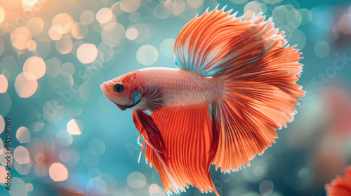A vibrant betta fish with flowing fins swimming gracefully in an aquarium, surrounded by bokeh light effects. photo