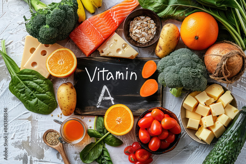 Assortment of Foods High in Vitamin A Displayed on White Wooden Table  with Educational Blackboard - Health and Nutritional Benefits Concept  Top View