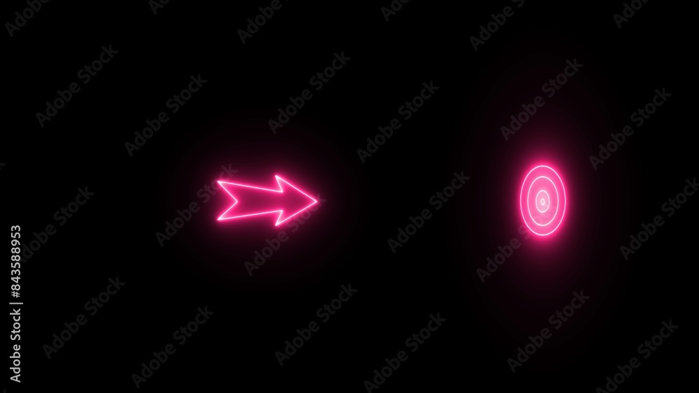 Neon Bow arrows fly over target. Neon pink color target target with arrow on black background. With a bright effect neon arrow target board icon. Neon Bow arrows fly over target. Neon pink color target target with arrow on black background. With a bright effect neon arrow target board icon.