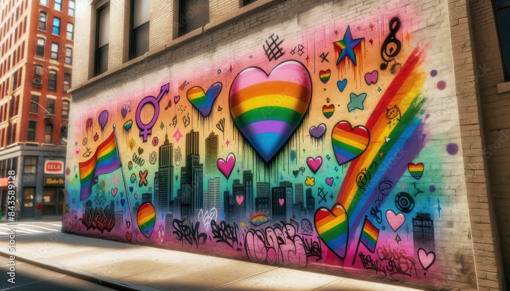 Naklejka premium Vibrant LGBTQ+ Pride Street Art Mural with Rainbow Hearts and Symbols on Urban Building