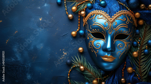 Realistic luxury ornate carnival mask with blue feathers. Abstract blurred background and light effects