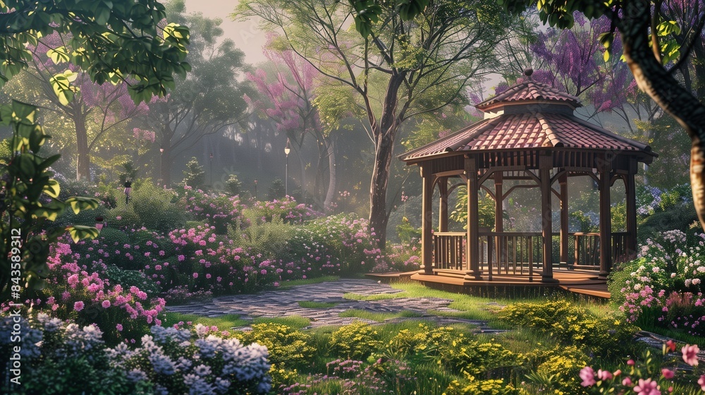 A peaceful garden with a gazebo and blooming flowers. A peaceful garden with a gazebo and blooming flowers.