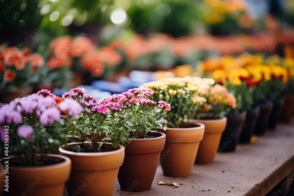 Spring Blossoms. Assorted Flowers In Pots Lined Up In A Greenhouse. Generative AI Spring Blossoms. Assorted Flowers In Pots Lined Up In A Greenhouse. Generative AI