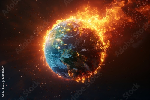 A fiery depiction of Earth engulfed in flames, symbolizing the devastating consequences of global warming and climate change