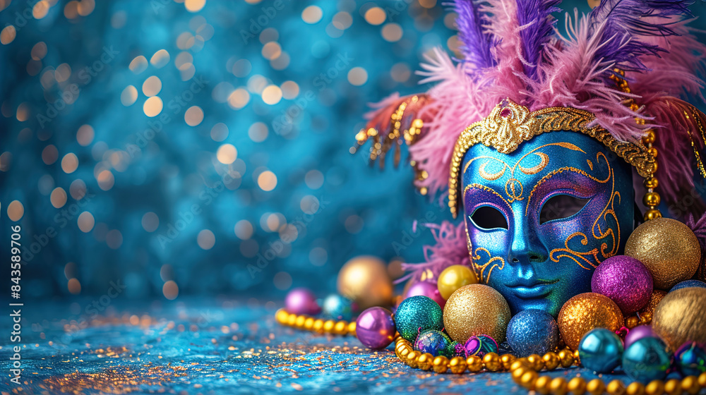 Fototapeta premium Realistic luxury ornate carnival mask with blue feathers. Abstract blurred background and light effects