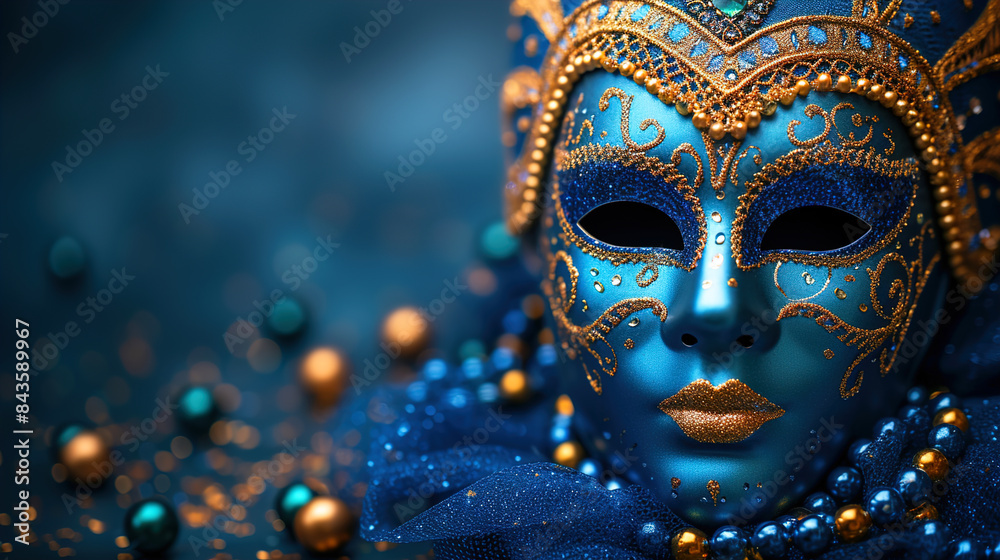 Realistic luxury ornate carnival mask with blue feathers. Abstract blurred background and light effects Realistic luxury ornate carnival mask with blue feathers. Abstract blurred background and light effects