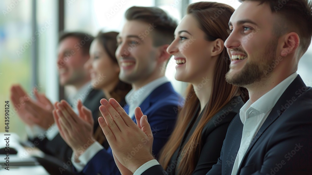 Business people, woman and team applause in conference, support feedback of success. Happy employees, audience and clapping in celebration Business people, woman and team applause in conference, support feedback of success. Happy employees, audience and clapping in celebration