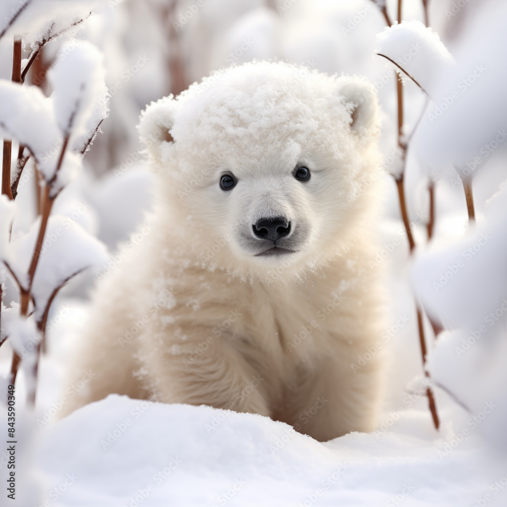 Adorable Polar Bear Cub in a Snowy Winter Wonderland, This heartwarming photograph captures an adorable polar bear cub amidst a pristine snowy landscape. The fluffy white cub, with its curious eyes. Adorable Polar Bear Cub in a Snowy Winter Wonderland, This heartwarming photograph captures an adorable polar bear cub amidst a pristine snowy landscape. The fluffy white cub, with its curious eyes.