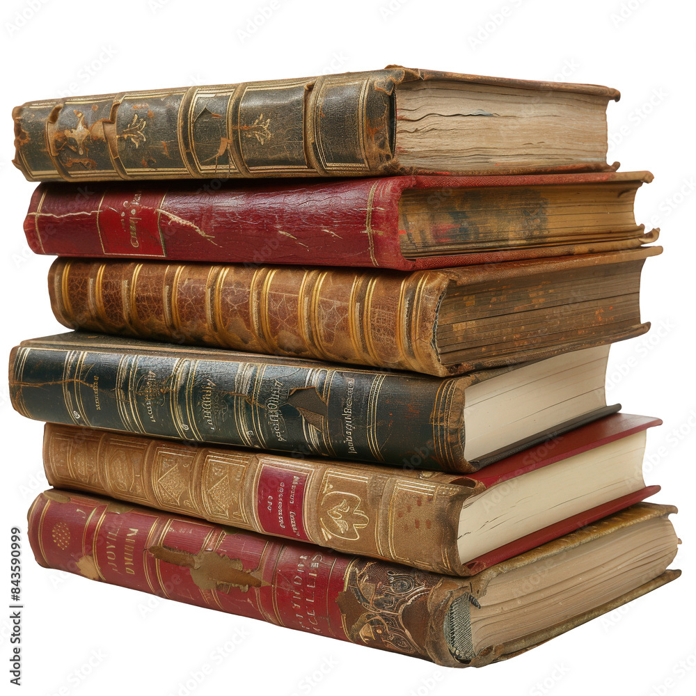 Stack of Seven Old Books in Disrepair with Nostalgic and Romantic Feel