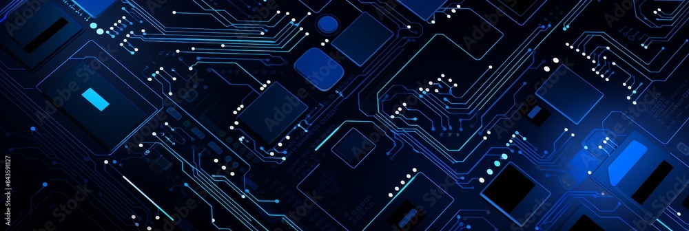 Futuristic blue circuit board closeup - Close-up of a futuristic circuit board design in blue, emphasizing technological components and connectivity Futuristic blue circuit board closeup - Close-up of a futuristic circuit board design in blue, emphasizing technological components and connectivity