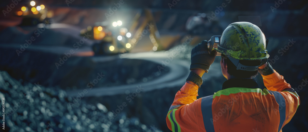 Obraz premium A worker in safety gear observes mining activities during evening hours, with illuminated machinery highlighting the demanding nature of the job.