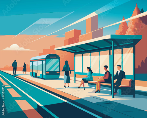 bus stop with passengers vector illustration