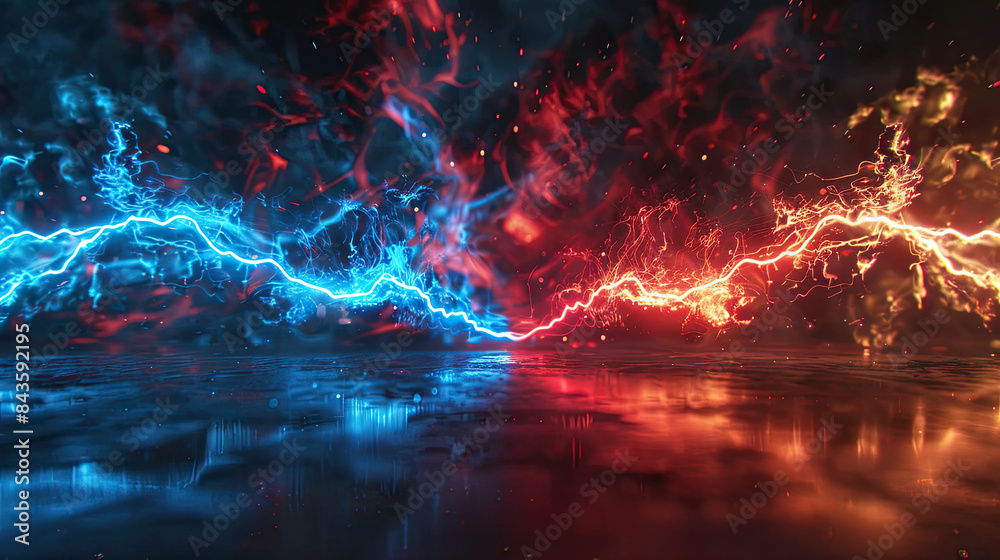 Blue and red electricity arcs in a dark room, tech theme, front view, highlighting energy and power, futuristic tone