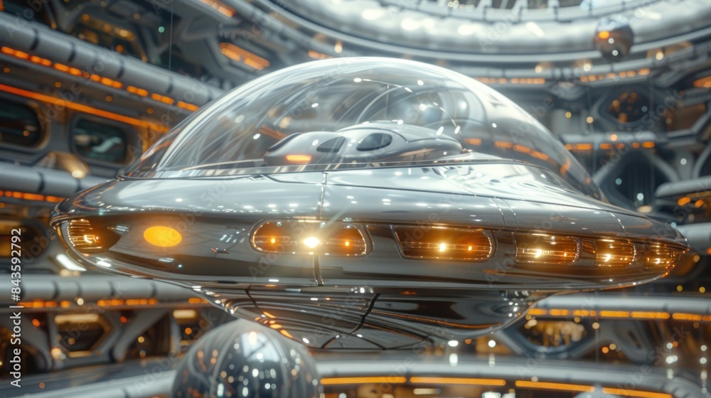 Obraz premium 3d render of clear glass UFO with lights, floating in space station environment, Clear skies offer a pristine view of UFO sightings, the twilight encounters a stunning spectacle of illuminated beauty