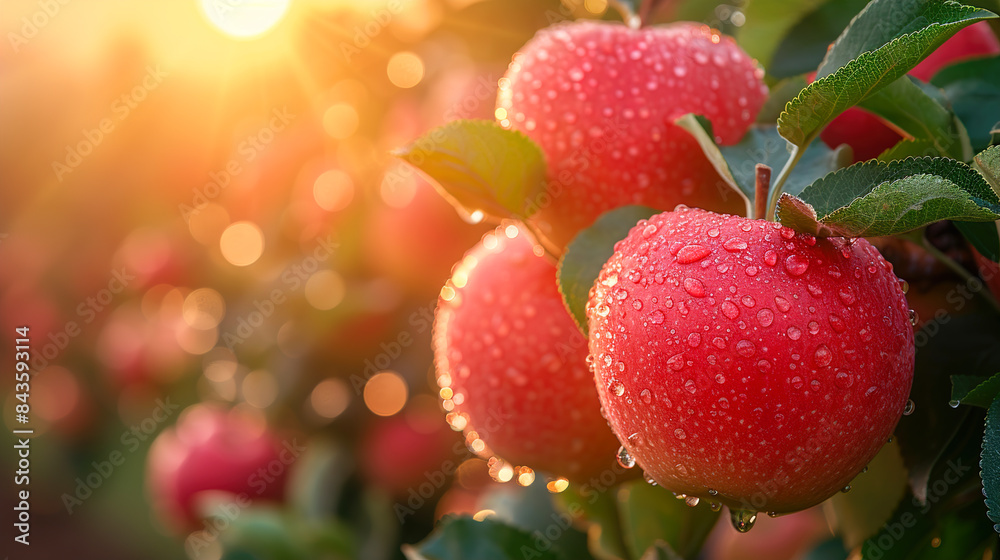 Orchard blurred background with fresh apple falling from tree Orchard blurred background with fresh apple falling from tree