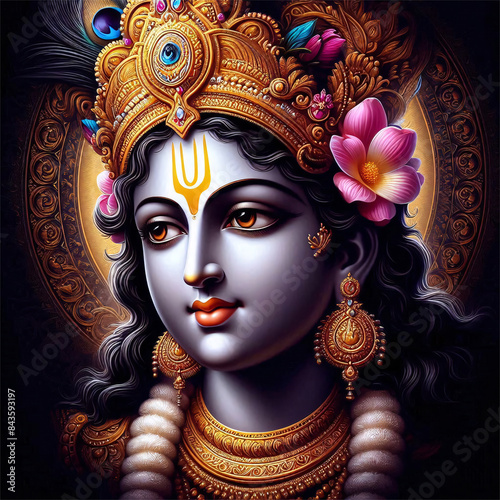 Beautiful colorful lord krishna portrait on black background photo