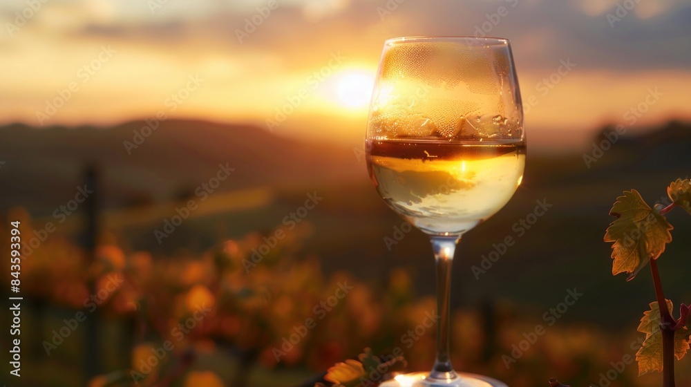 A glass of wine facing sunset. sunset wine toast, warm sunlight illuminating the glasses and faces, rich colors of the sunset, cozy and inviting, detailed glass textures,