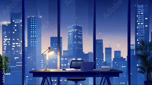 Modern Office Workplace with City View from Window. Vector Illustration of Contemporary Work Environment with Urban Skyline, Desk, and Office Equipment