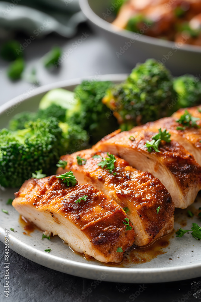 Healthy high protein meal with baked chicken breasts & broccoli 