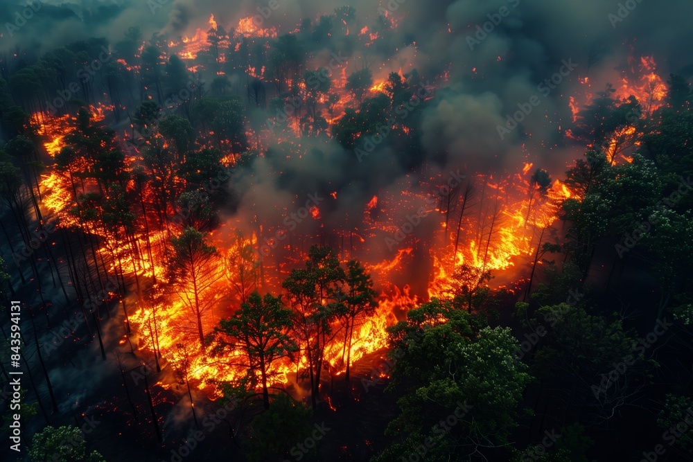 An aerial view of a wildfire raging through a forest, with smoke billowing into the air