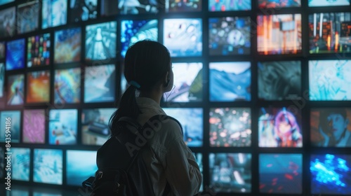 A person watching a video wall with multimedia images on different television screens © zipop