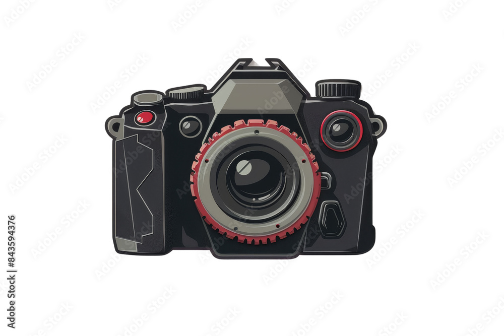 Vector illustration of a modern black digital camera with red accents, showcasing detailed design and professional photography equipment.
