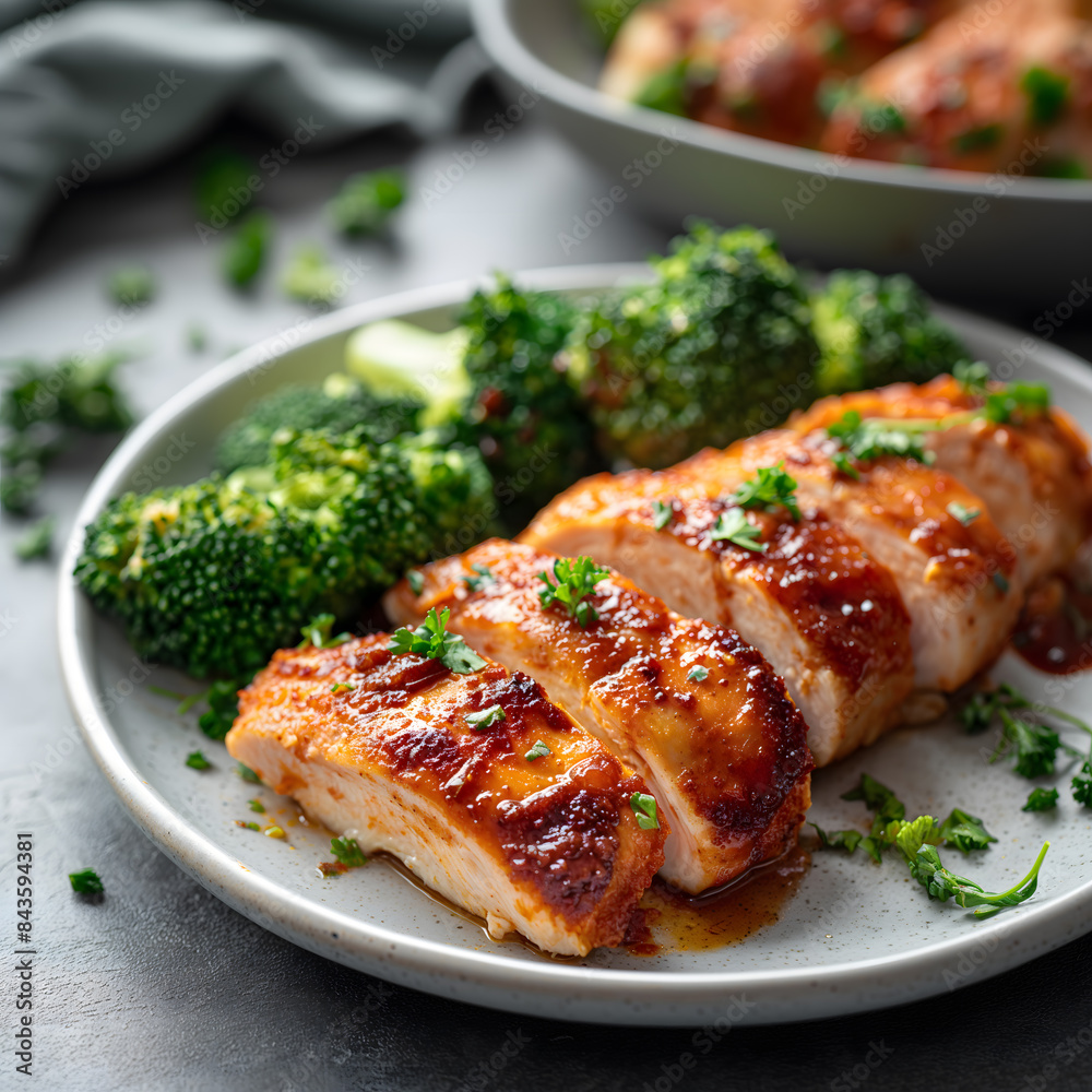 Healthy high protein meal with sliced chicken breasts & broccoli Healthy high protein meal with sliced chicken breasts & broccoli