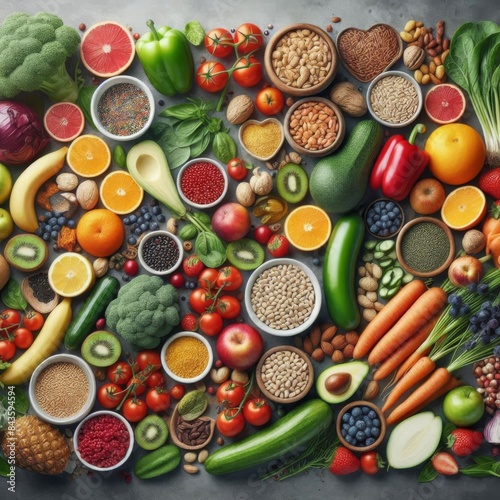 A realistic  4K  and detailed display of a diverse selection of healthy foods including a variety of fruits  vegetables  seeds  superfoods  and cereals.