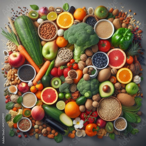 A realistic  4K  and detailed display of a diverse selection of healthy foods including a variety of fruits  vegetables  seeds  superfoods  and cereals.