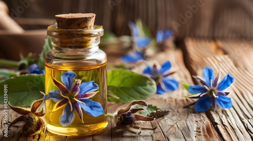 jar with essential oil extract of borage oil on a wooden background 
