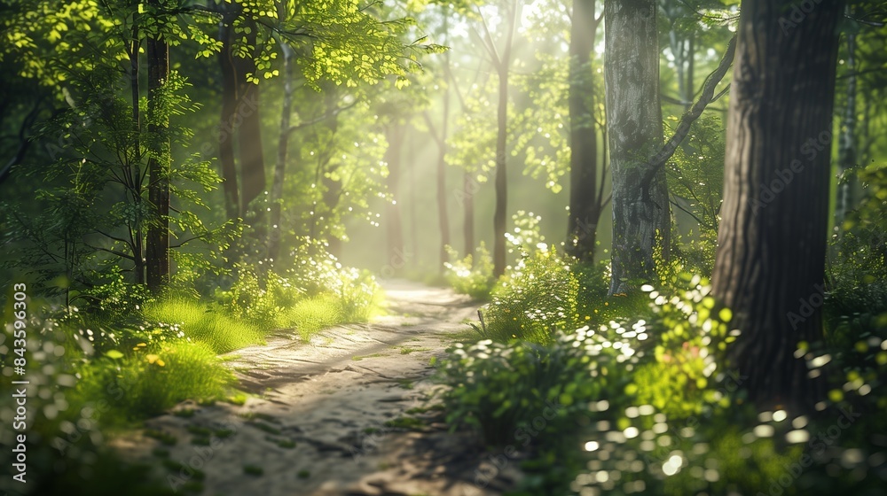 A tranquil forest path with dappled sunlight. A tranquil forest path with dappled sunlight.
